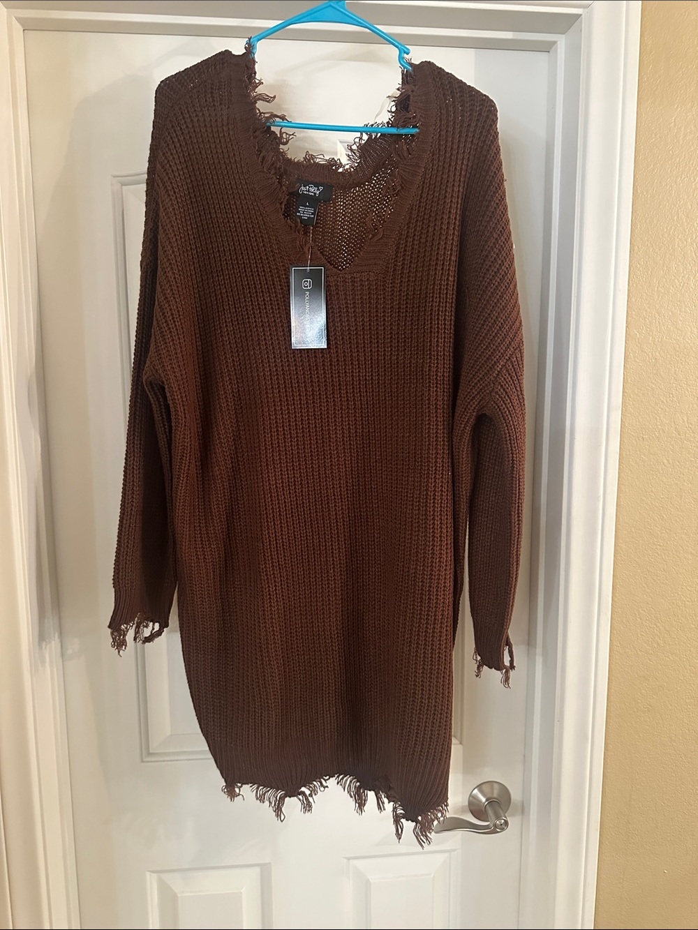 Distressed V-Neck Knit Sweater - Brown